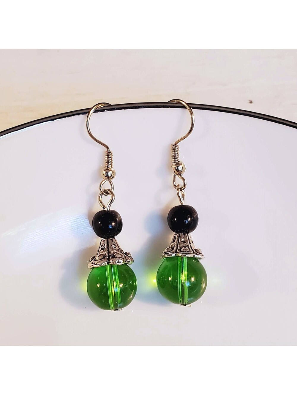 Eclectic Black Green Glass Bead Antiqued Silver Fancy Bead Cap Earrings - Picture 3 of 5